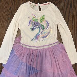 Long sleeved tulle skirted dress with color changing sequin unicorn motif